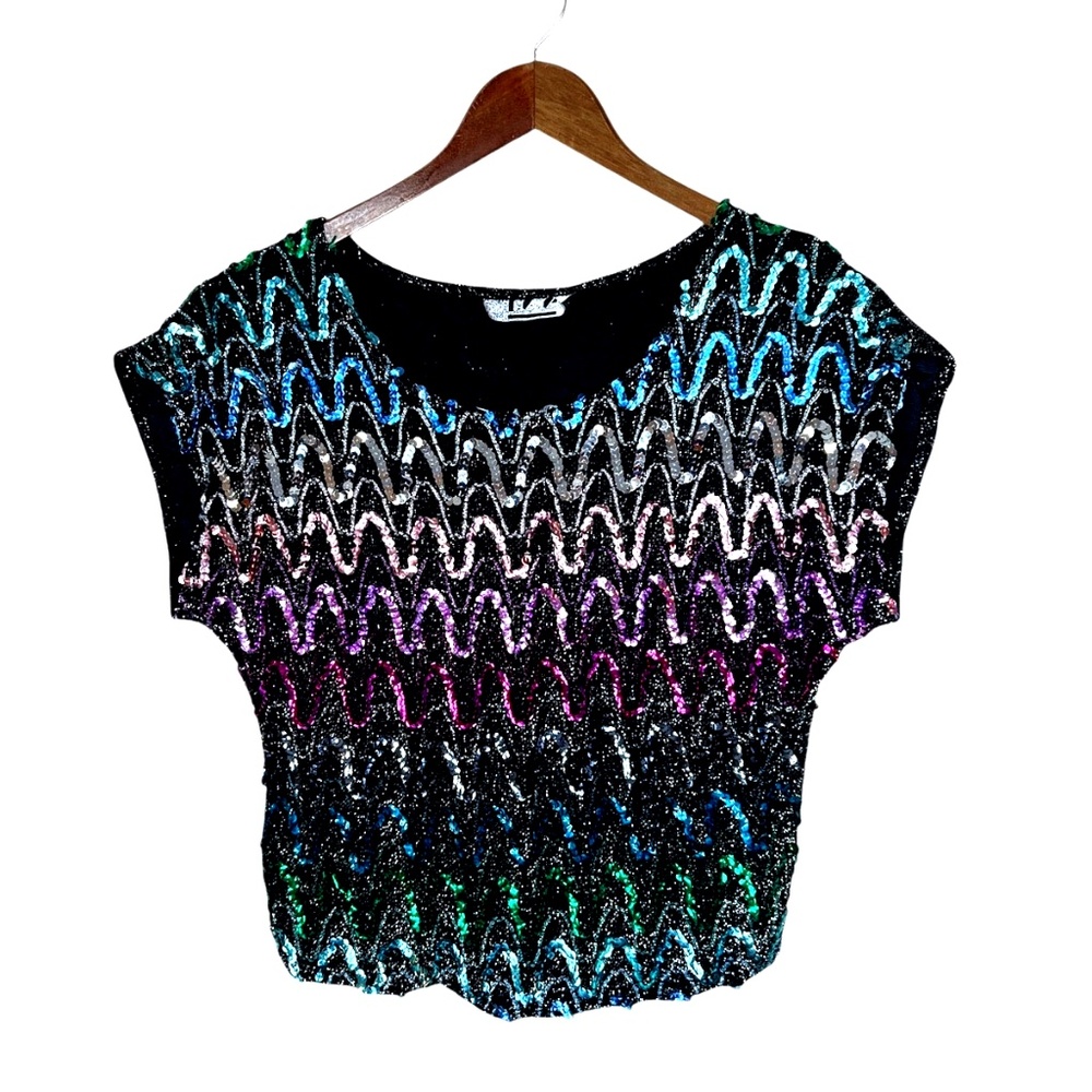 Vintage 80s Ice Wavy Rainbow Sequin Sparkle Silver Metallic Knit Disco Party Top